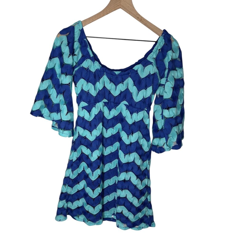 Judith March Crochet Dress Small Blue Boho Lined Flowy Mini